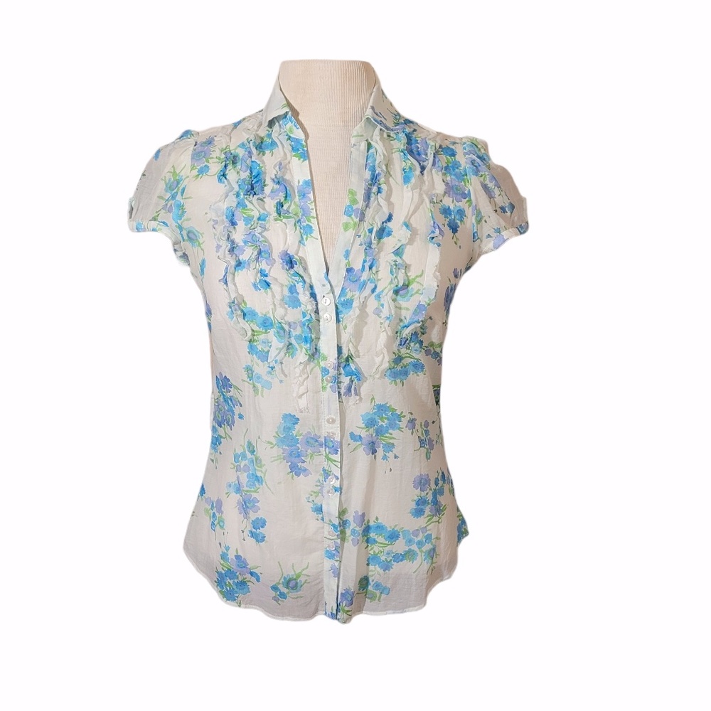 Zara Basic Short Sleeve Light Cotton Ruffle Front Blouse Size M
